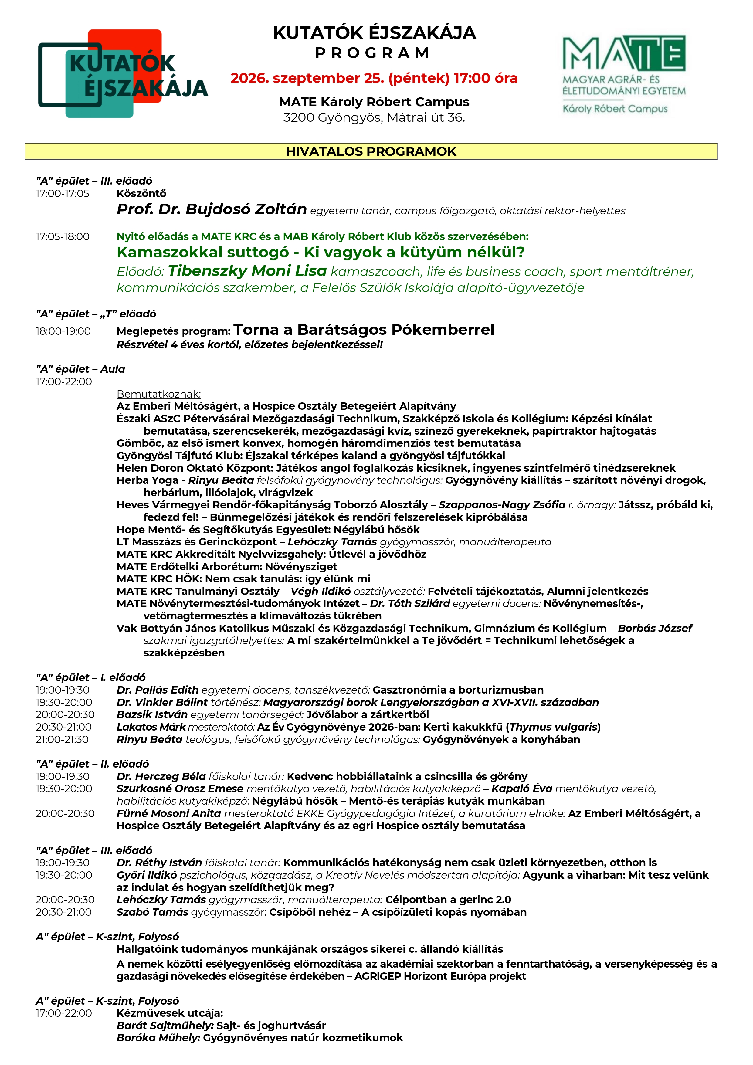 MATE Károly Róbert Campus, Gyöngyös - Kutatók Éjszakája - Teljes program - 1. oldal