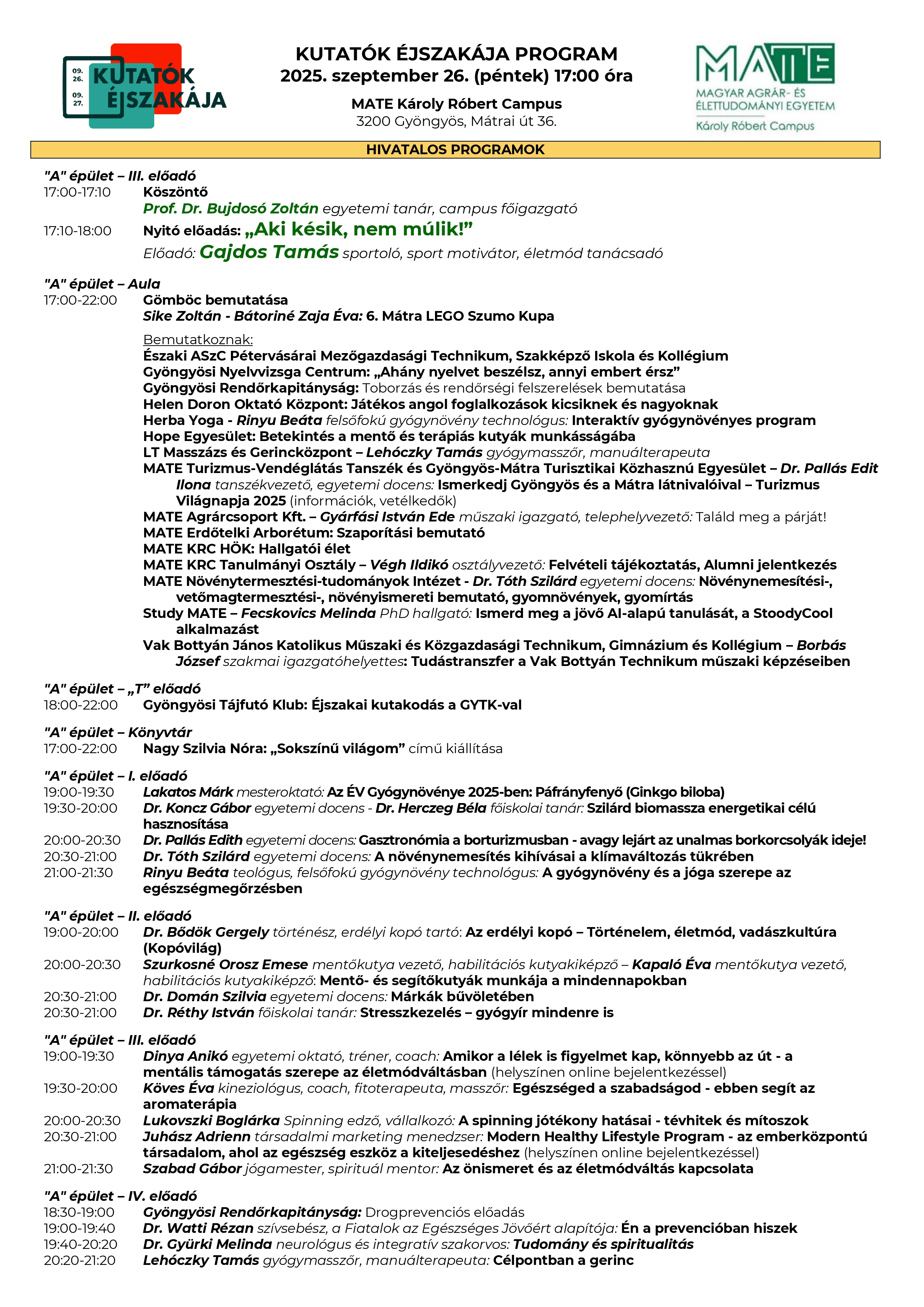 MATE KRC Gyöngyös: Kutatók Éjszakája teljes programja 1
